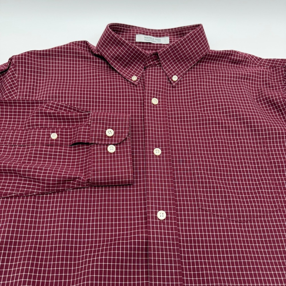 LL Bean Mens Wrinkle Free Traditional Fit Shirt Burgundy Tattersall M Reg 285275